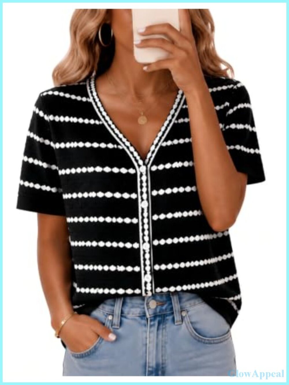Short Sleeve V-Neck Crochet Knit Cardigan Sweater Button Down